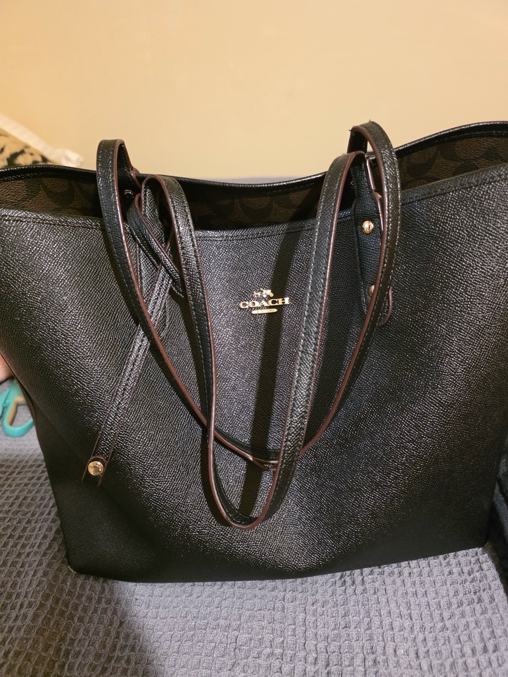 Coach Black Saffiano Tote with Gold Logo - Picture 9 of 15